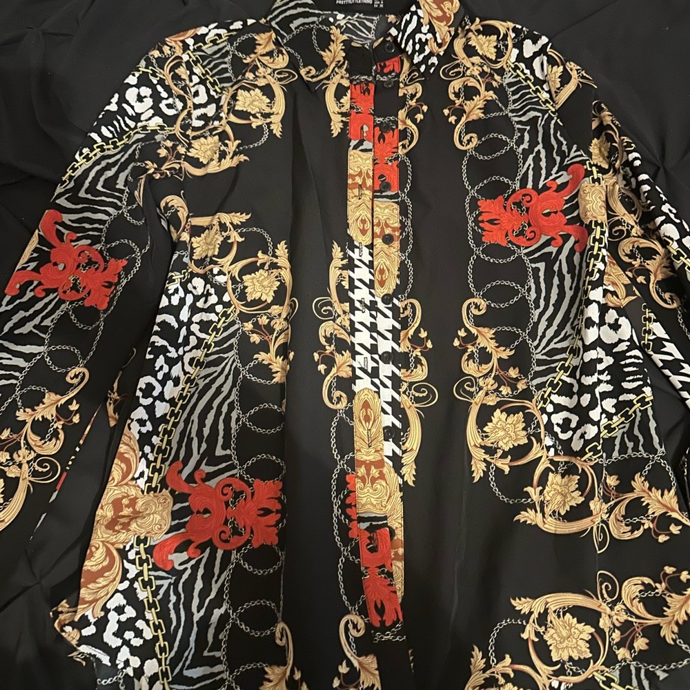 PrettyLittleThing Black and Gold Button Down Shirt
